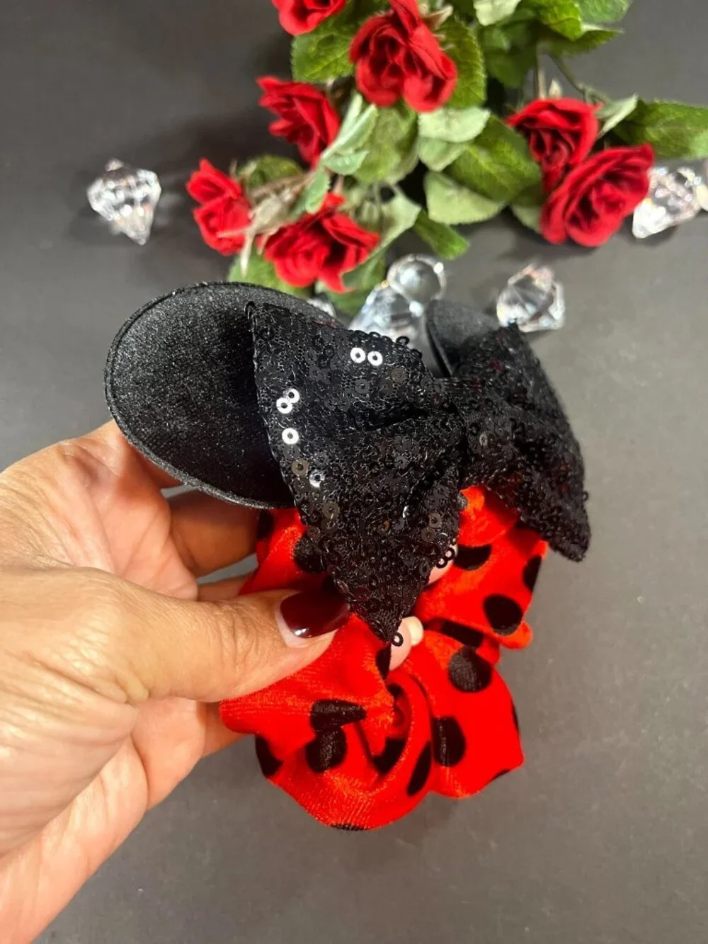 Minnie Mouse Hair Scrunchies Polka Dot Hair Rubber Band Velvet Ears Sequins